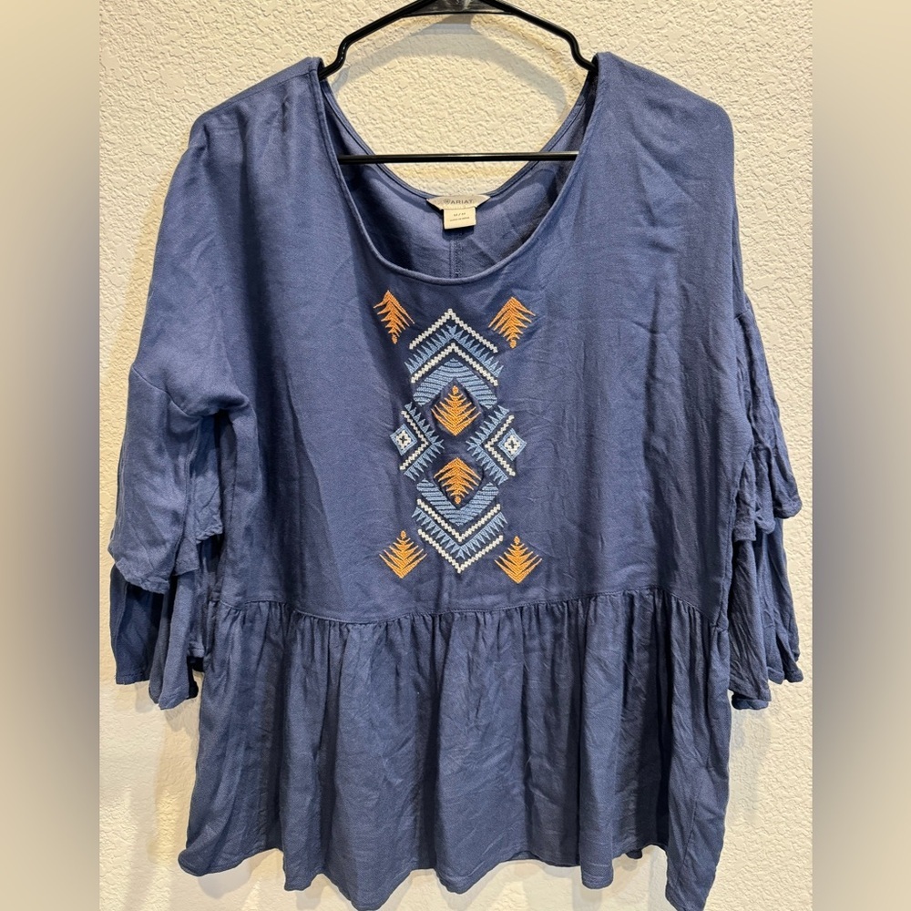 Ariat Embroidered Indigo Blue Top with tiered sleeves - size medium